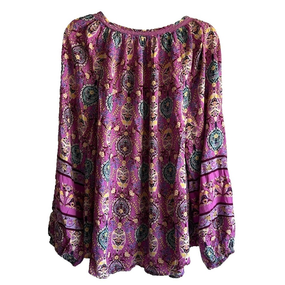 JNY Jones New York Women's 1X Boho Peasant Blouse Purple Paisley Tassel - Picture 3 of 5